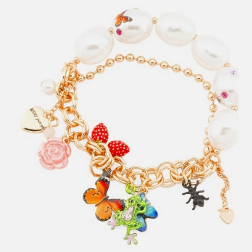 🦋🔹️Betsey Johnson🔹️ Faux Stone Butterfly Mixed Charm pearl Stretch Bracelet - Picture 5 of 5